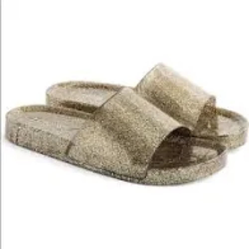 SOLD - New in box - J. Crew Pool Slide Sandals, Gold glitter, sz 8